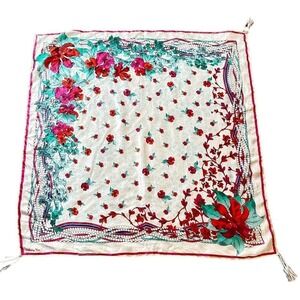 Johnny Was Large Silk Floral scarf shawl square Cover up oversized tassels pearl